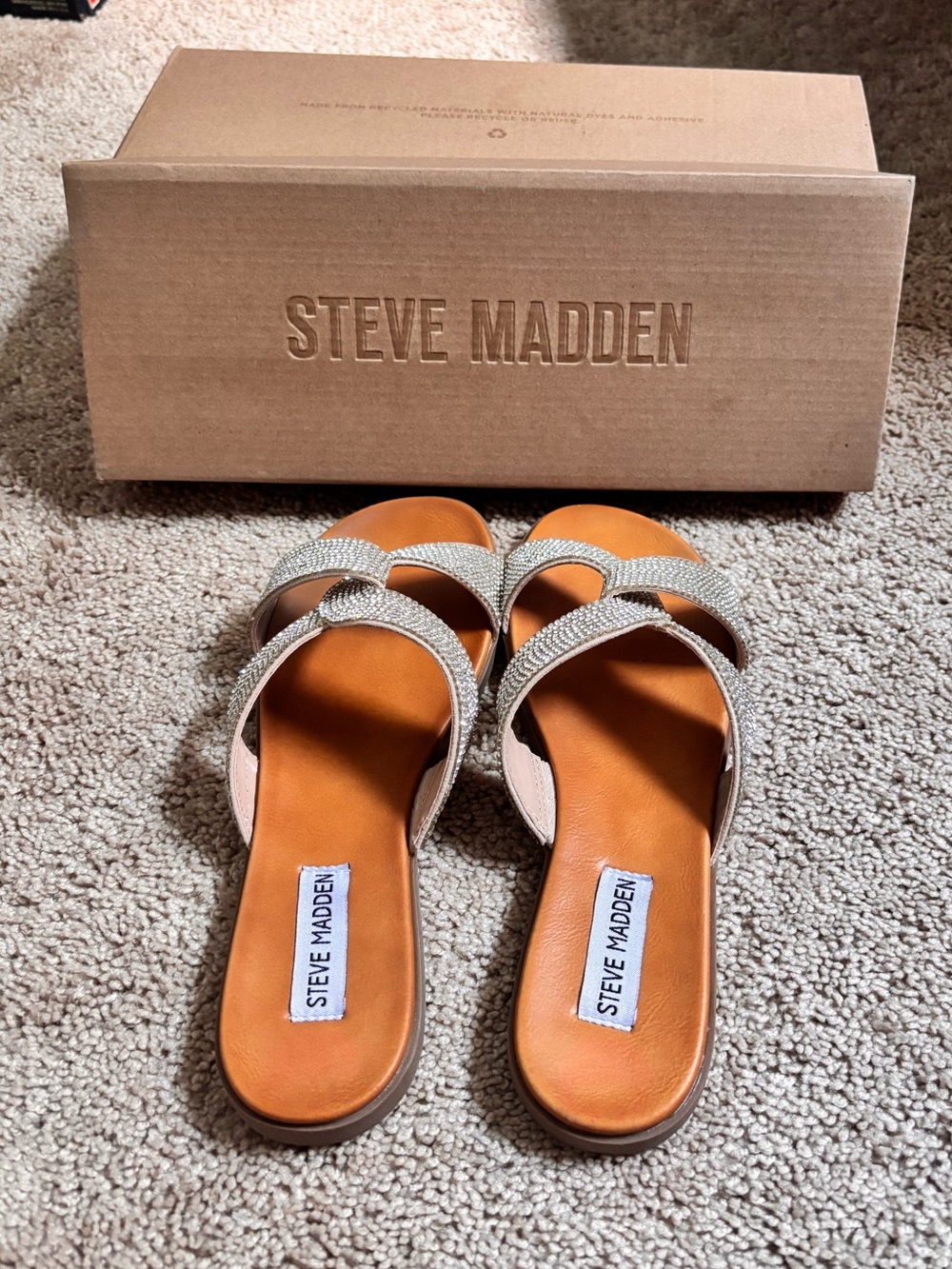 Steve Madden Tan Slide Sandals with Rhinestone Cross Straps